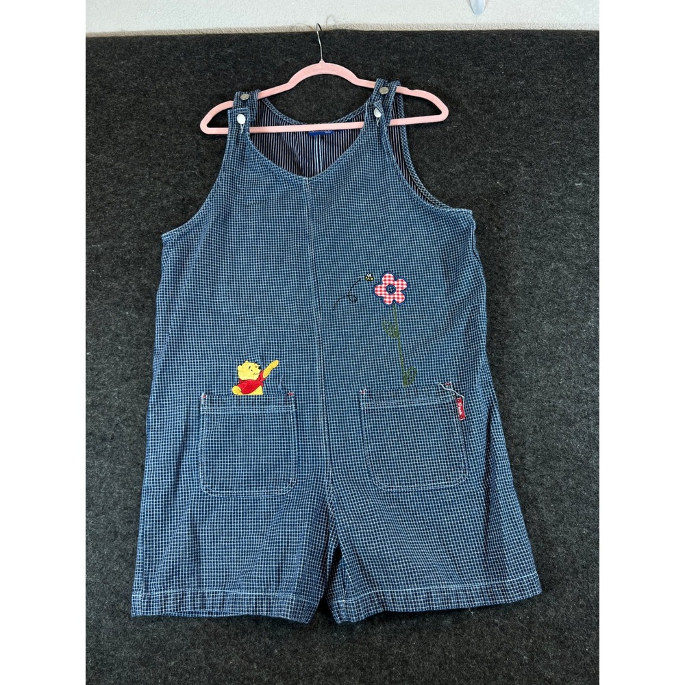 Vintage 90s Disney Winnie the Pooh Blue Check Overalls Shortalls Womens Large